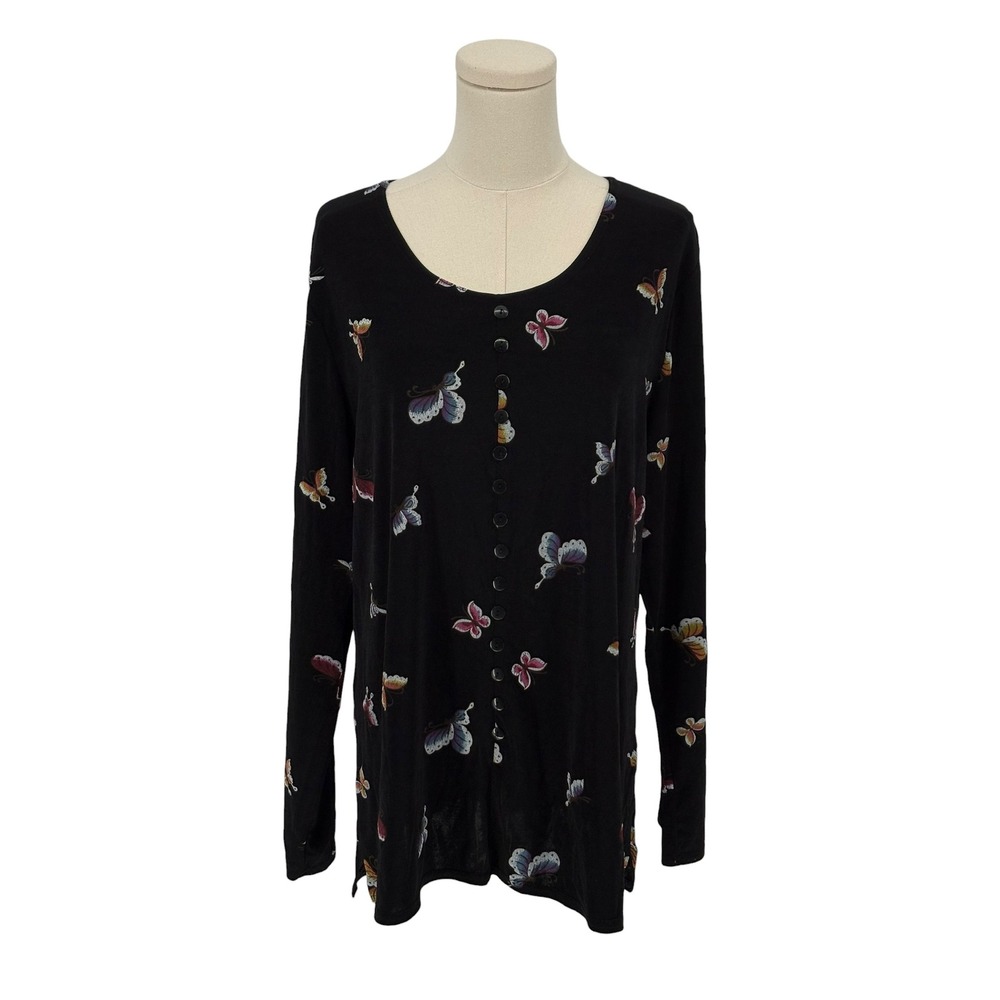 Es.se Vintage Y2K Button Front Top Black Butterfly Print Long Sleeve Plus 3X